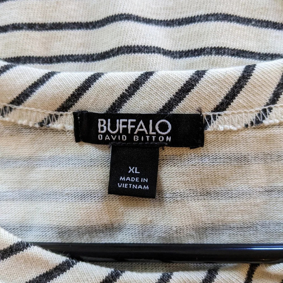 Women's XL Stripe Shirt Dress Ivory/Black Short Sleeve Crewneck Relaxed Fit Soft - Picture 3 of 3